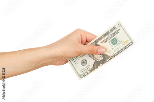 One hundred dollars in the woman's hand, isolated