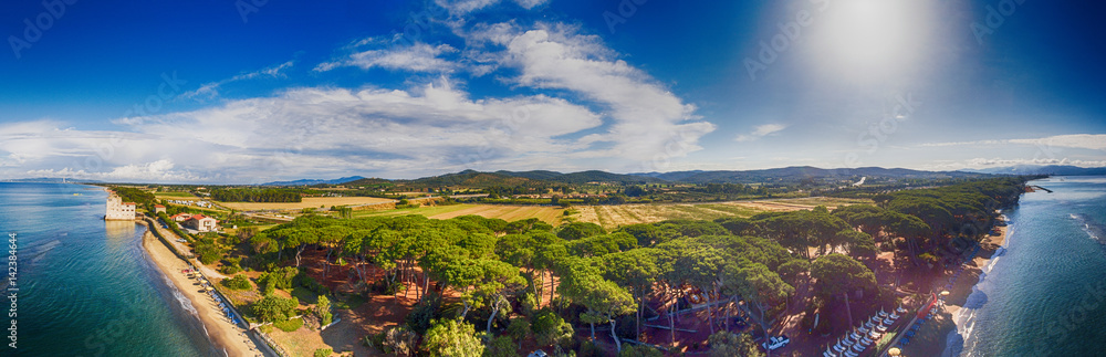 Panoramic aerial view of Tuscany coastline in summer season, Italy