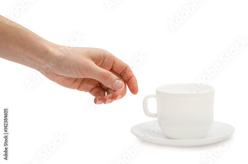 woman hand holding white cup.