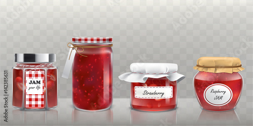 Collection of vector glass jars with raspberry and strawberry jam in a realistic style