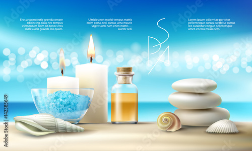 Vector illustration of a realistic style, set for spa treatments with aromatic salt , massage oil, candles. Excellent turquoise advertising poster for the spa salon.