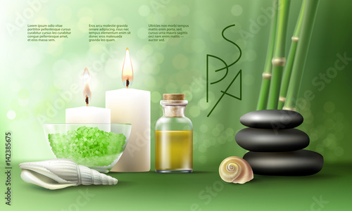 Vector illustration of a realistic style, set for spa treatments with aromatic salt , massage oil, candles on the background of bamboo shoots. Excellent green advertising poster for the spa salon.