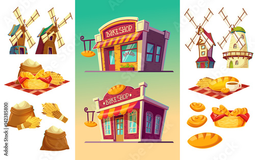 Vector cartoon illustration of two bakeries with various facades and signboards, a set of icons for a bakery freshly baked bread, wheat ears, flour bags, windmills
