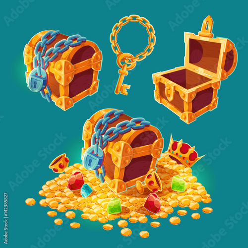 Collection of isolated vector cartoon illustrations of wooden chests with treasures of gold coins and jewels