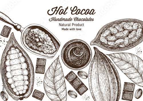 Vector illustration frame with cocoa products. Handmade chocolate, organic food. Vintage elements for design.
