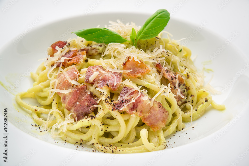 Bucatini Carbonara bacon and parmesan cheese Bucatini Carbonara bacon and parmesan cheese
