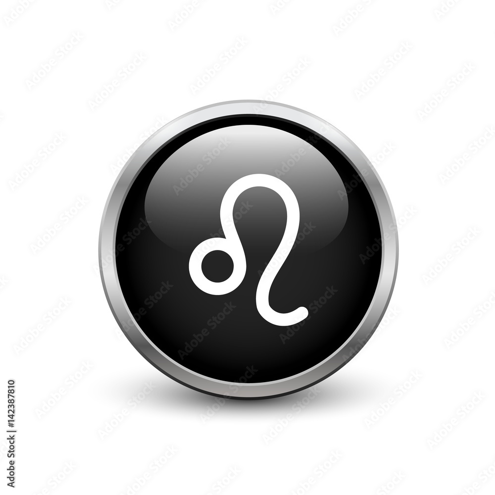 Leo zodiac symbol, black button with metal frame and shadow Leo zodiac symbol, black button with metal frame and shadow