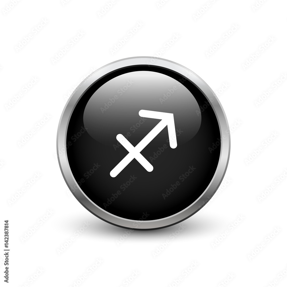 Sagittarius zodiac symbol, black button with metal frame and shadow Sagittarius zodiac symbol, black button with metal frame and shadow