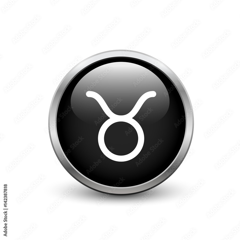 Taurus zodiac symbol, black button with metal frame and shadow Taurus zodiac symbol, black button with metal frame and shadow
