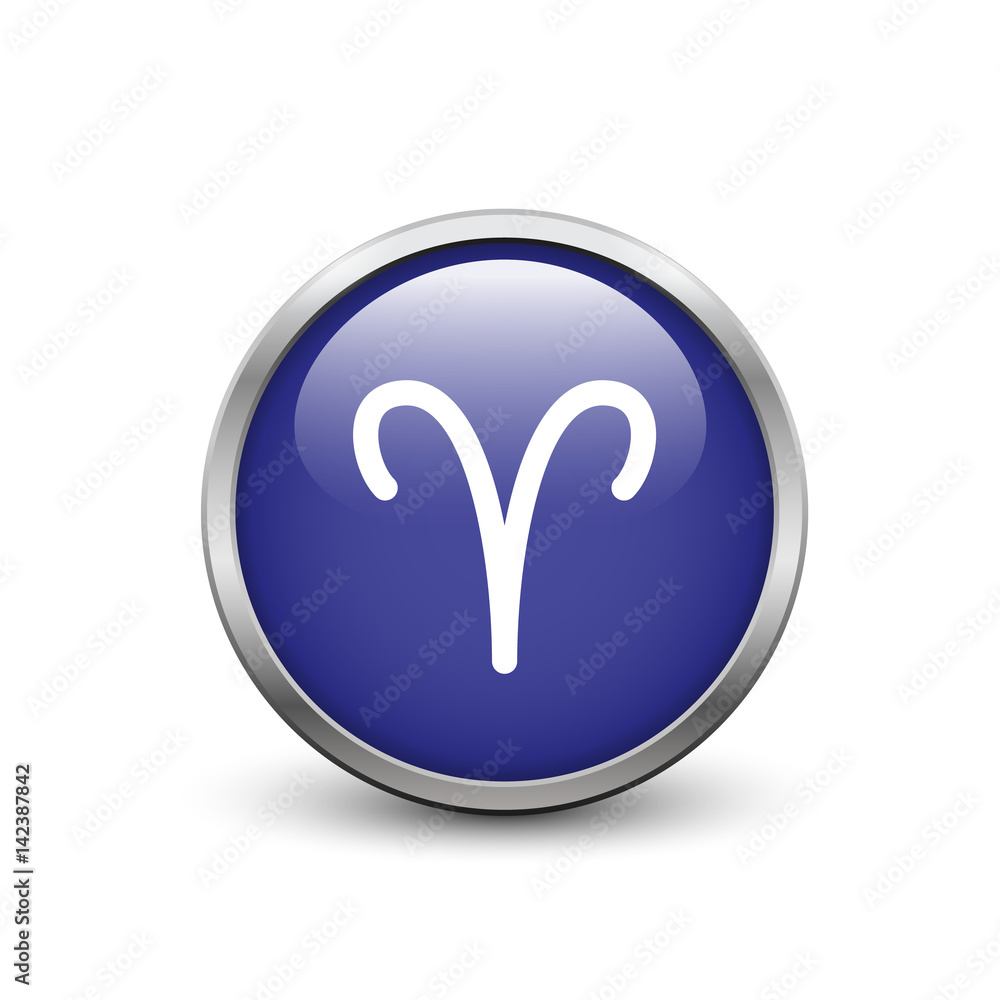 Aries zodiac symbol, blue button with metal frame and shadow Aries zodiac symbol, blue button with metal frame and shadow