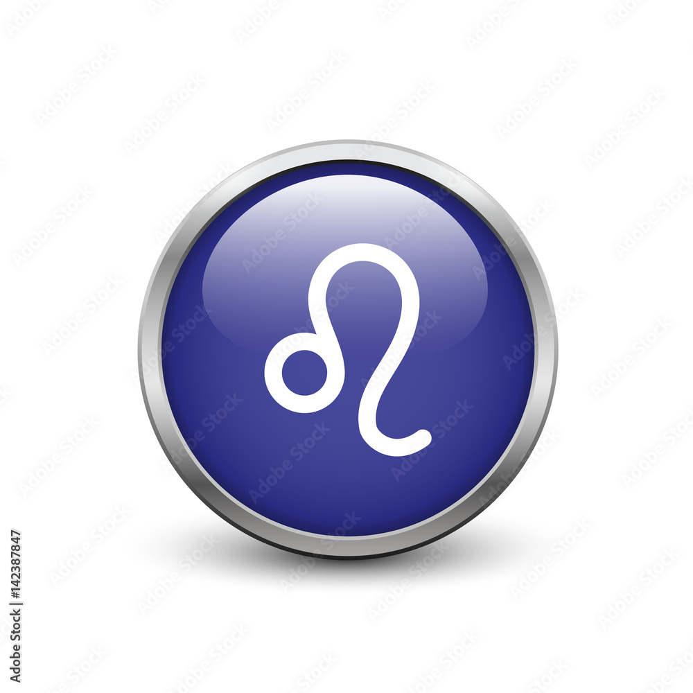 Leo zodiac symbol, blue button with metal frame and shadow Leo zodiac symbol, blue button with metal frame and shadow