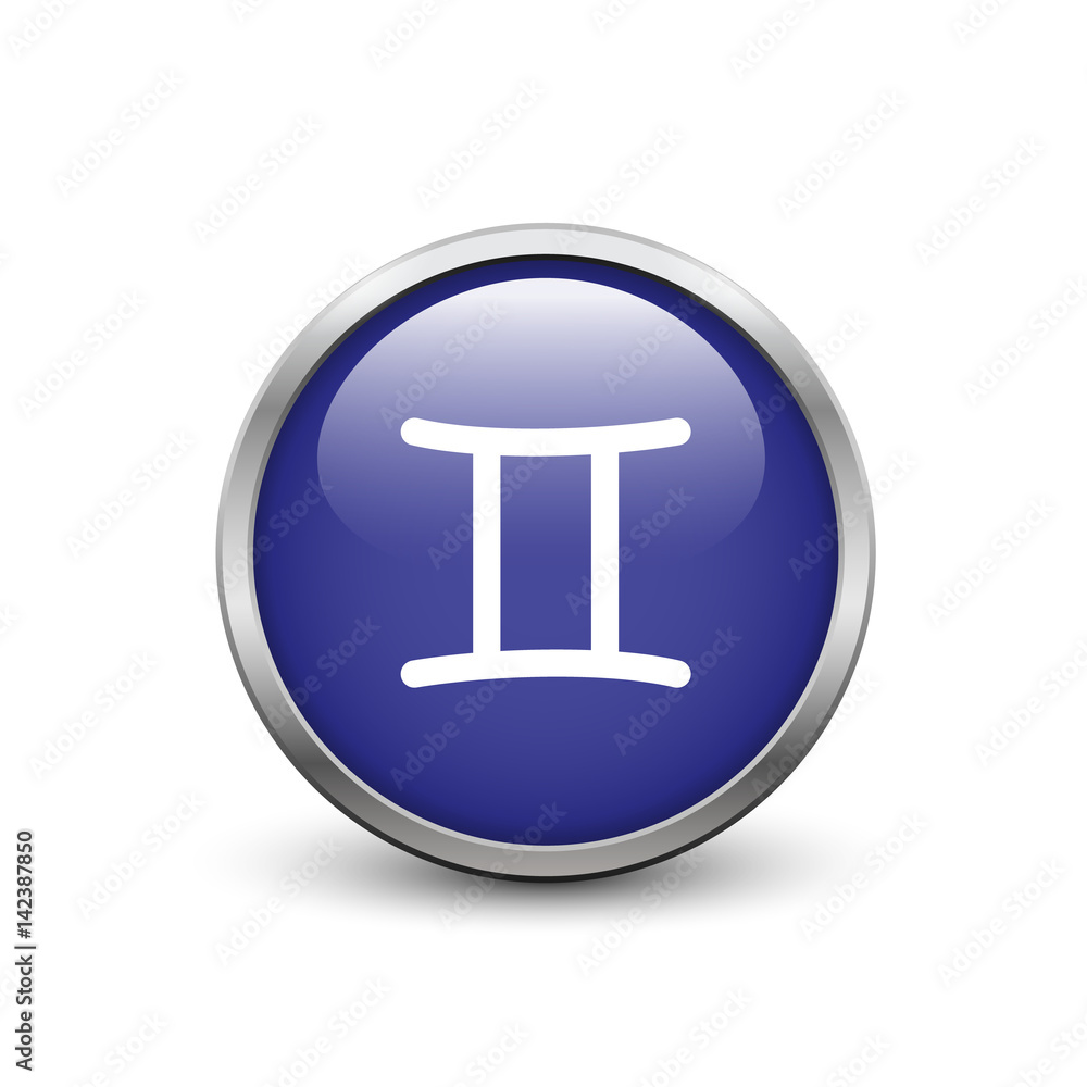 Gemini zodiac symbol, blue button with metal frame and shadow Gemini zodiac symbol, blue button with metal frame and shadow
