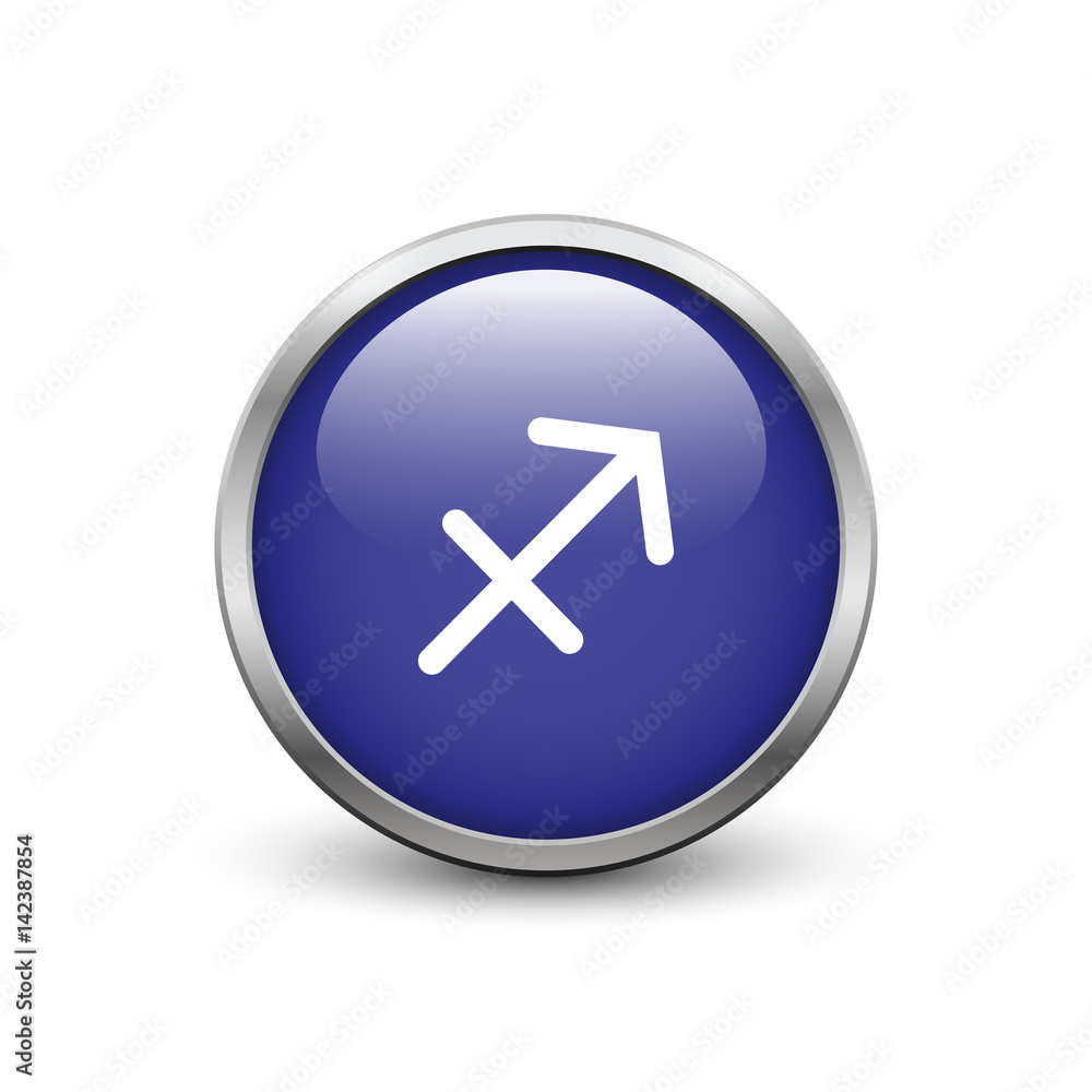 Sagittarius zodiac symbol, blue button with metal frame and shadow Sagittarius zodiac symbol, blue button with metal frame and shadow