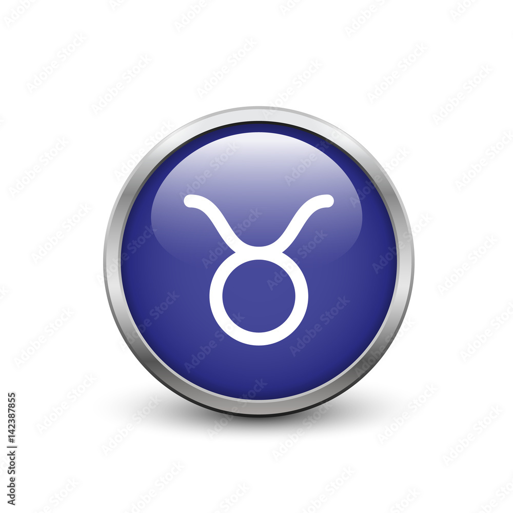 Taurus zodiac symbol, blue button with metal frame and shadow Taurus zodiac symbol, blue button with metal frame and shadow