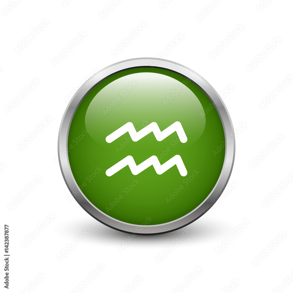 Aquarius zodiac symbol, green button with metal frame and shadow Aquarius zodiac symbol, green button with metal frame and shadow