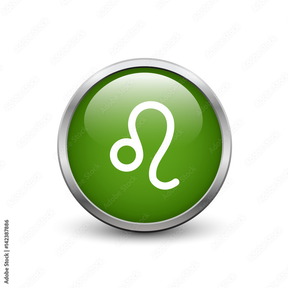 Leo zodiac symbol, green button with metal frame and shadow Leo zodiac symbol, green button with metal frame and shadow