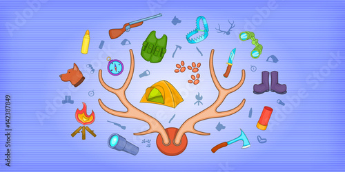 Hunting horizontal banner, cartoon style