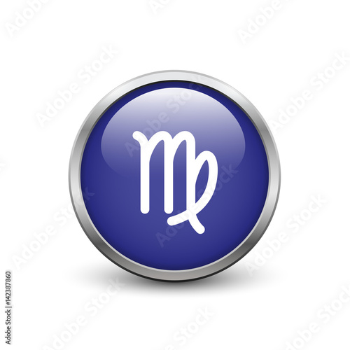 Free Download Virgo zodiac symbol, blue button with metal frame and shadow - GFXLoad