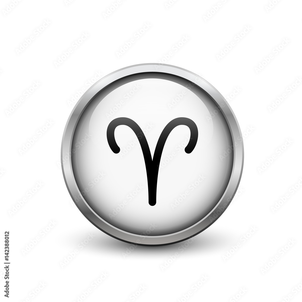 Virgo zodiac symbol, black button with metal frame and shadow