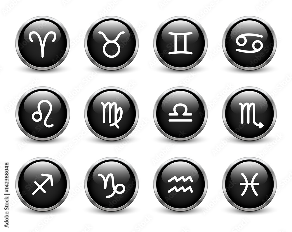 Virgo zodiac symbol, black button with metal frame and shadow Virgo zodiac symbol, black button with metal frame and shadow