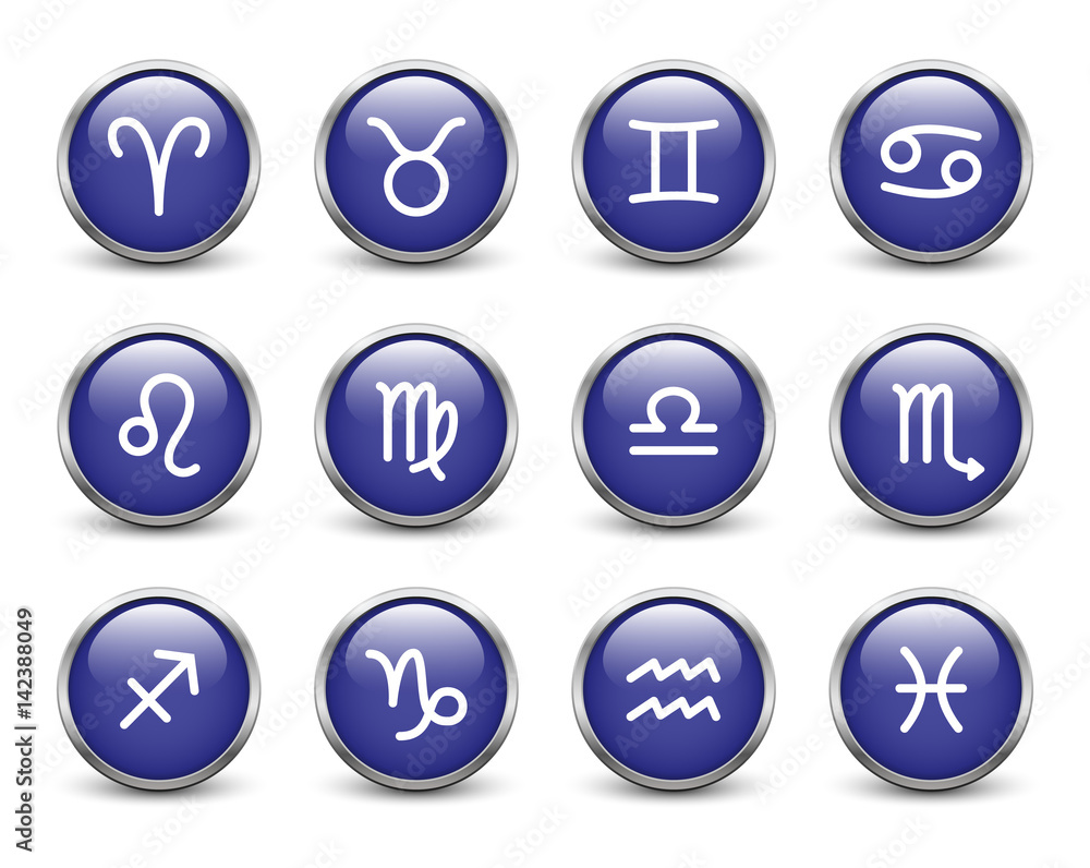 Virgo zodiac symbol, black button with metal frame and shadow Virgo zodiac symbol, black button with metal frame and shadow