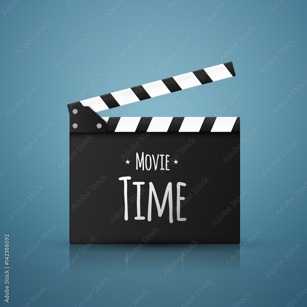 Movie time vector background. Realistic clapper board with text isolated