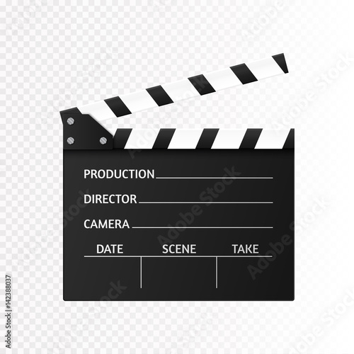 Movie clapper isolated on white. Black open clapperboard. Vector illustration.