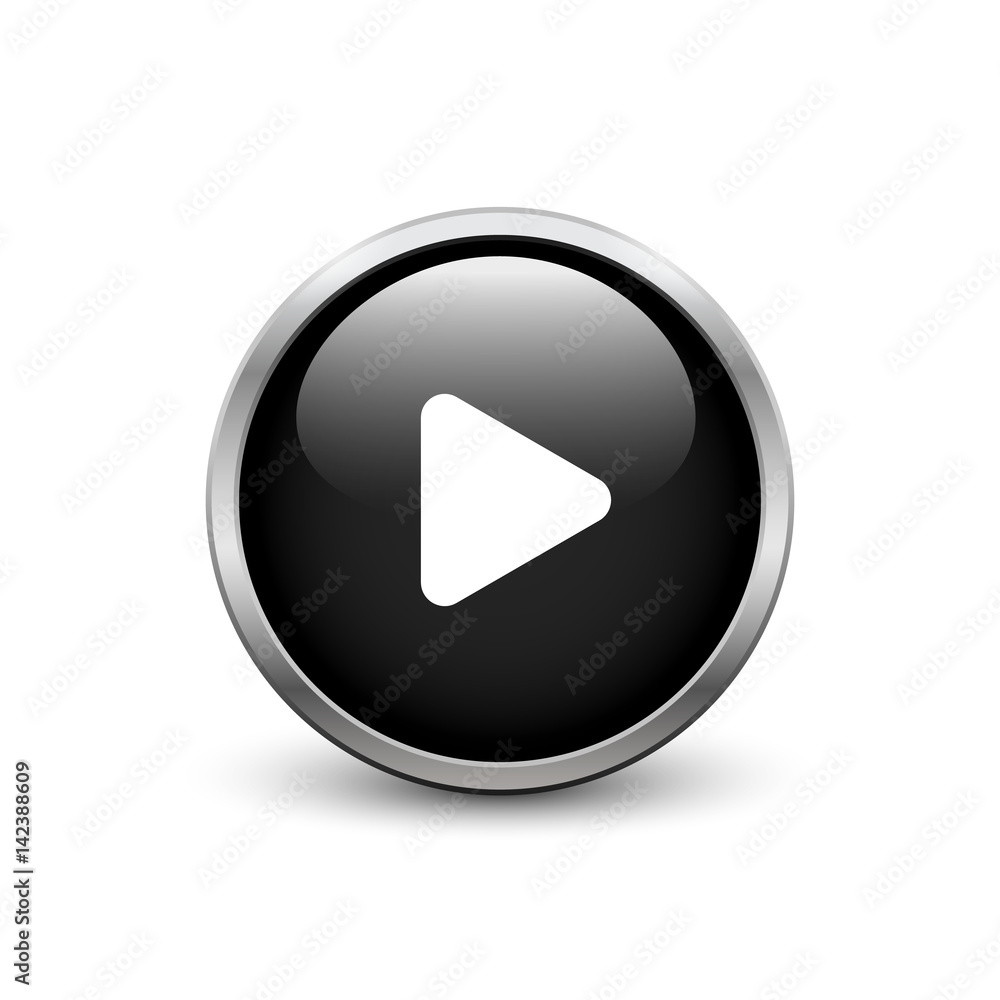 Play black button with metal frame and shadow Play black button with metal frame and shadow
