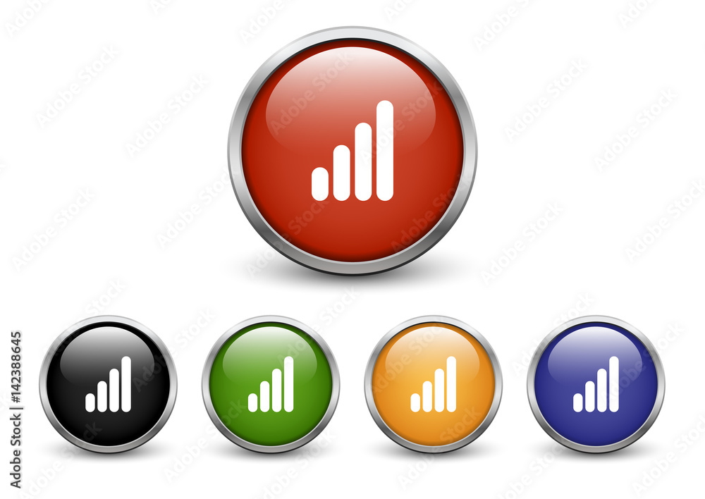 High Connection icons, set of five colored buttons with metal frame and shadow High Connection icons, set of five colored buttons with metal frame and shadow