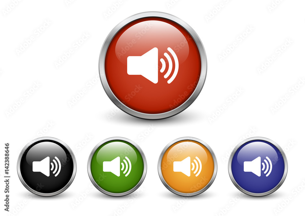 High Volume icons, set of five colored buttons with metal frame and shadow High Volume icons, set of five colored buttons with metal frame and shadow