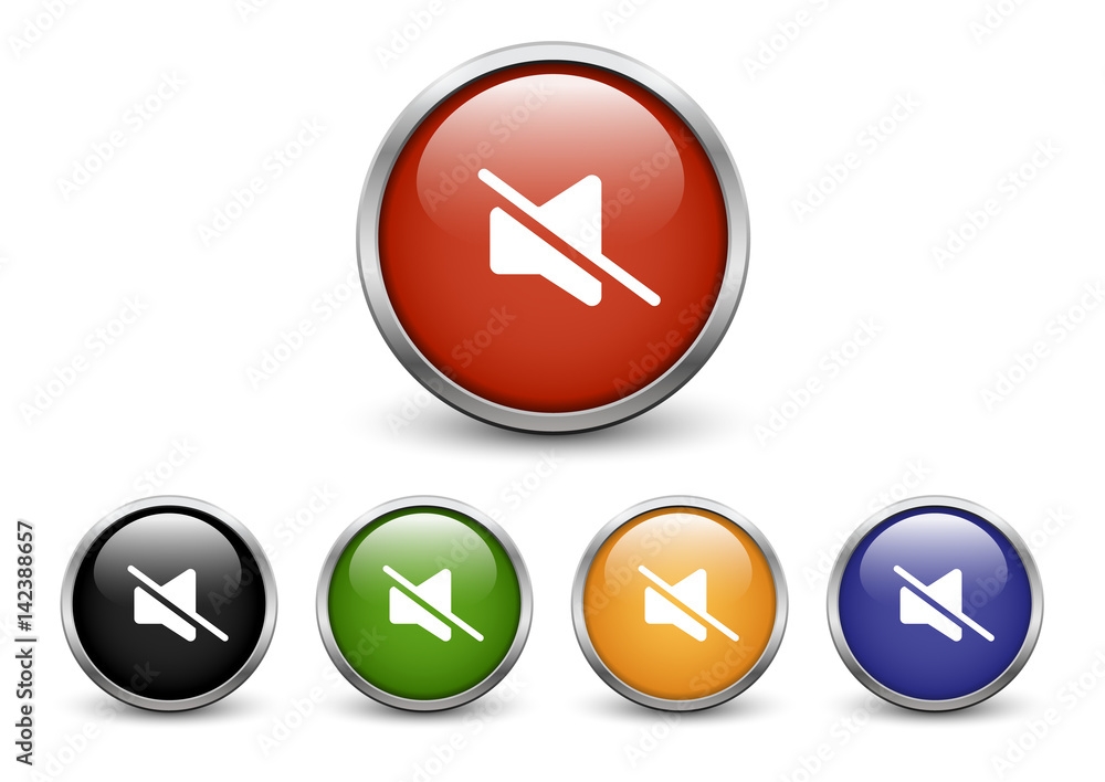 Mute icons, set of five colored buttons with metal frame and shadow Mute icons, set of five colored buttons with metal frame and shadow