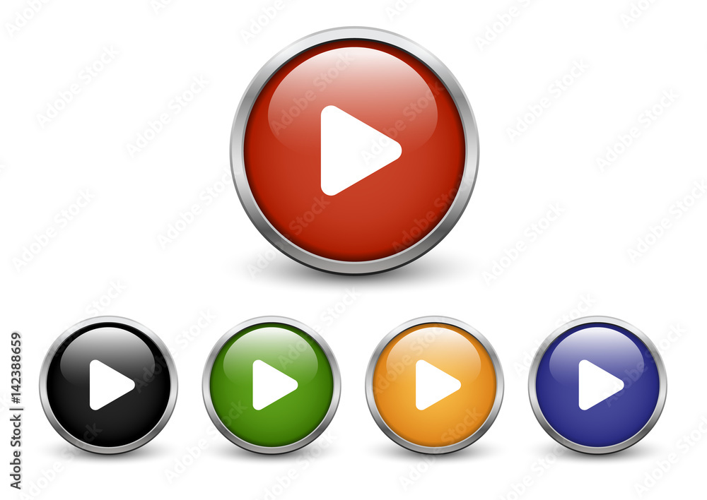 Play icons, set of five colored buttons with metal frame and shadow Play icons, set of five colored buttons with metal frame and shadow