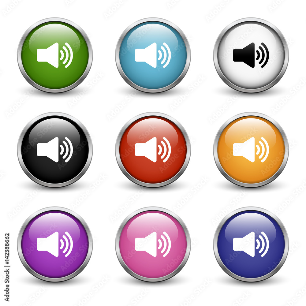 High Volume icons, set of nine colored buttons with metal frame and shadow High Volume icons, set of nine colored buttons with metal frame and shadow