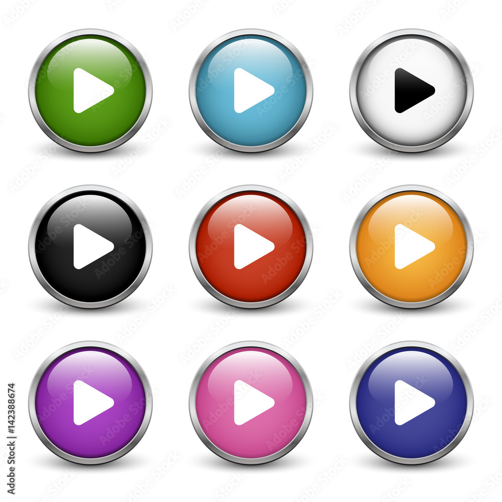 Play icons, set of nine colored buttons with metal frame and shadow Play icons, set of nine colored buttons with metal frame and shadow