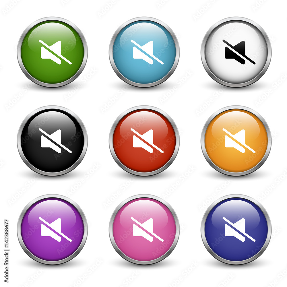 Mute icons, set of nine colored buttons with metal frame and shadow Mute icons, set of nine colored buttons with metal frame and shadow