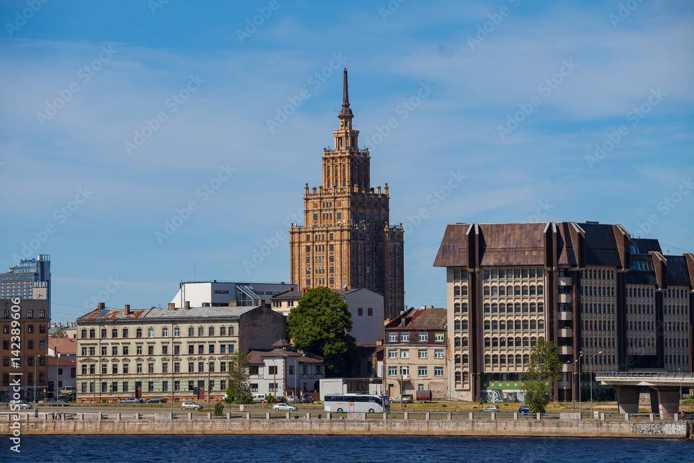 RIGA, LATVIA - 12 JUN 2016: Academy of science building summer day view with Daugava river