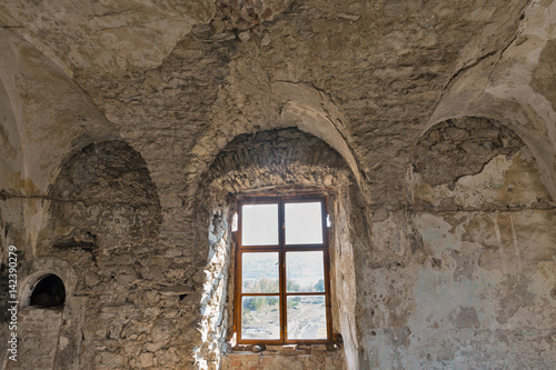 Abandoned medieval castle Saint Miklosh interior  Chinadievo  Western Ukraine.