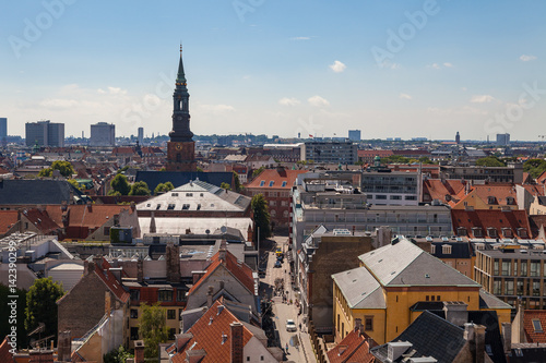 Cityscape of Copenhagen from the Round Tower. City center streets.