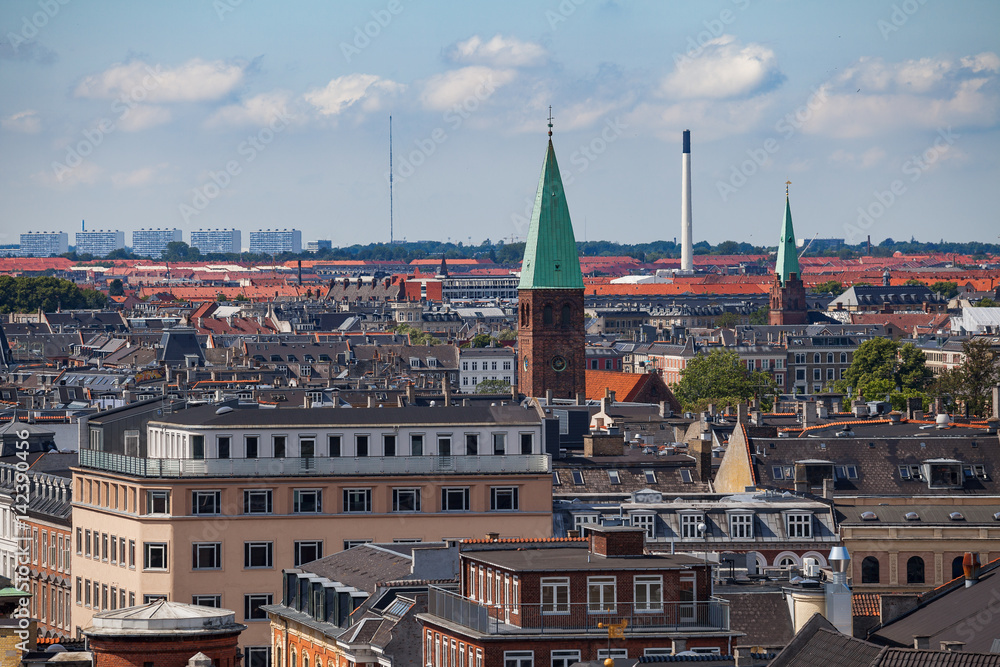 Cityscape of Copenhagen from the Round Tower. City center streets and towers