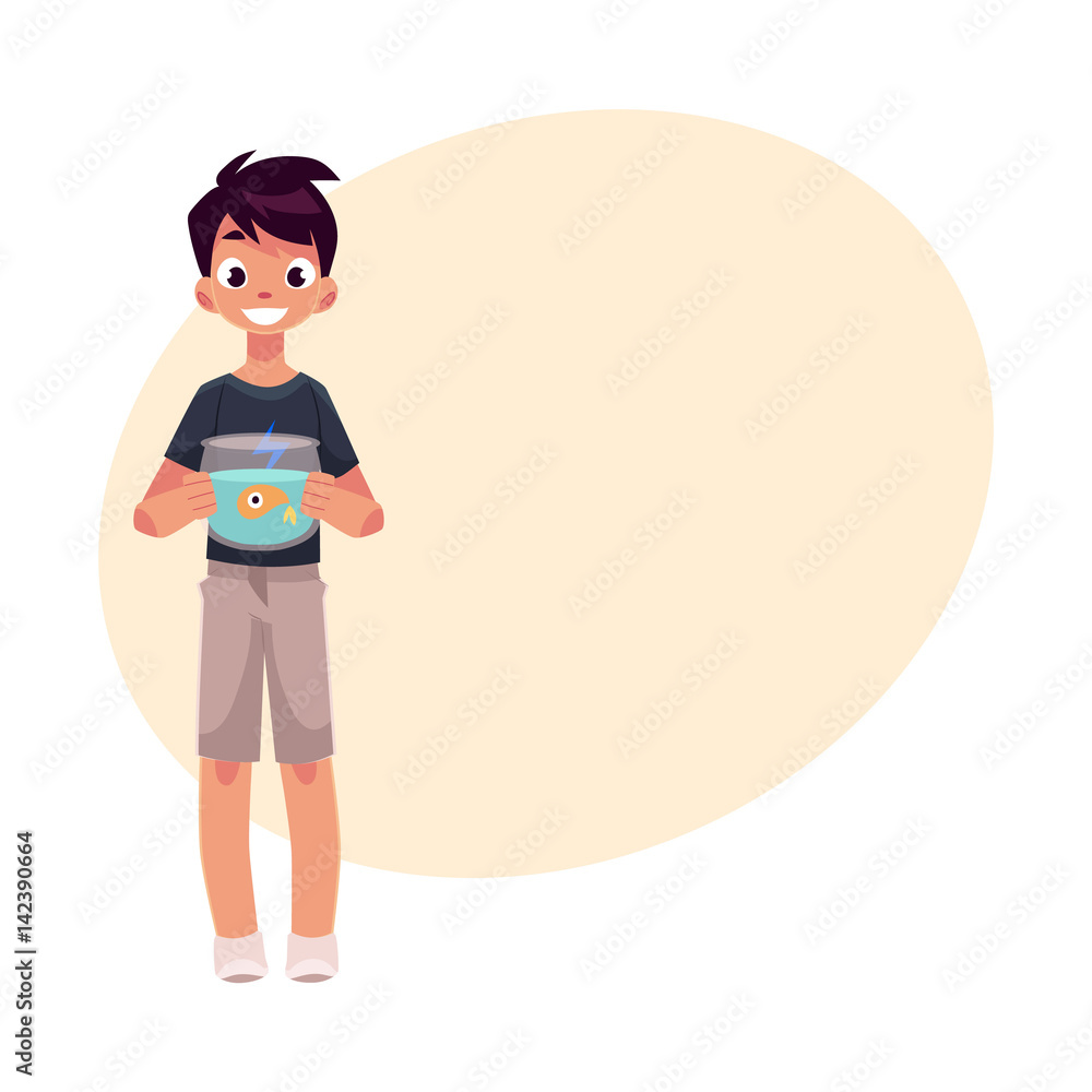Teen, teenage boy, child, kid holding little aquarium with goldfish, golden fish, cartoon vector illustration with place for text. Full length portrait of boy holding fish bowl, aquarium Teen, teenage boy, child, kid holding little aquarium with goldfish, golden fish, cartoon vector illustration with place for text. Full length portrait of boy holding fish bowl, aquarium
