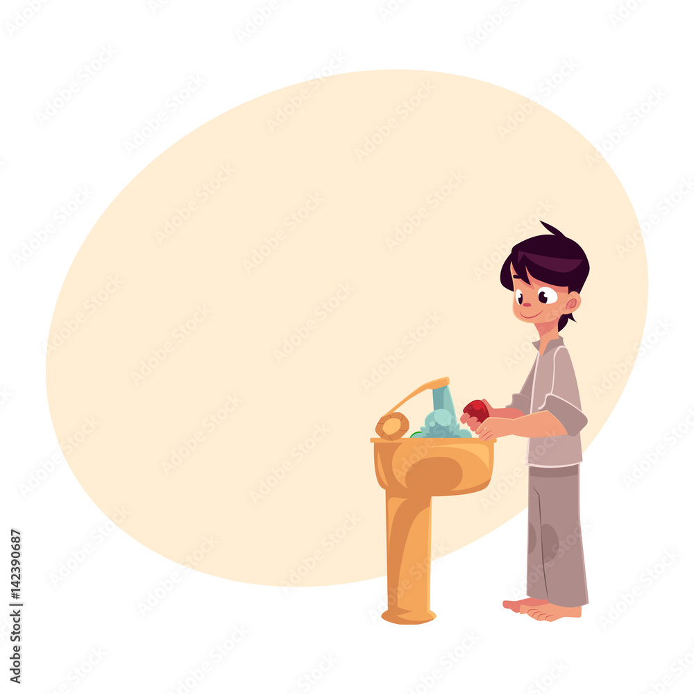 Little boy in pajamas washing hands with soap under running water, hygiene concept, cartoon vector illustration with place for text. Boy washing hands, hygiene, health care concept