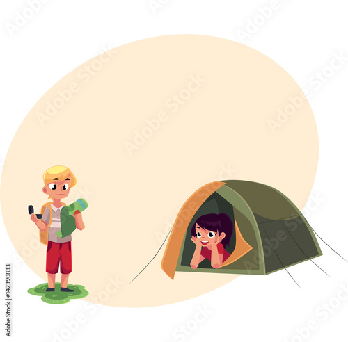 Camping kids - boy studying map with compass and girl looking out of tent, cartoon vector illustration with place for text. Kids camping, hiking, orienting, studying map and lying in tent
