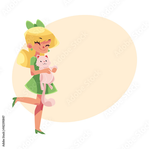 Teen, teenage girl in green dress holding and cuddling fluffy cat, kitten, pet, cartoon vector illustration with place for text.