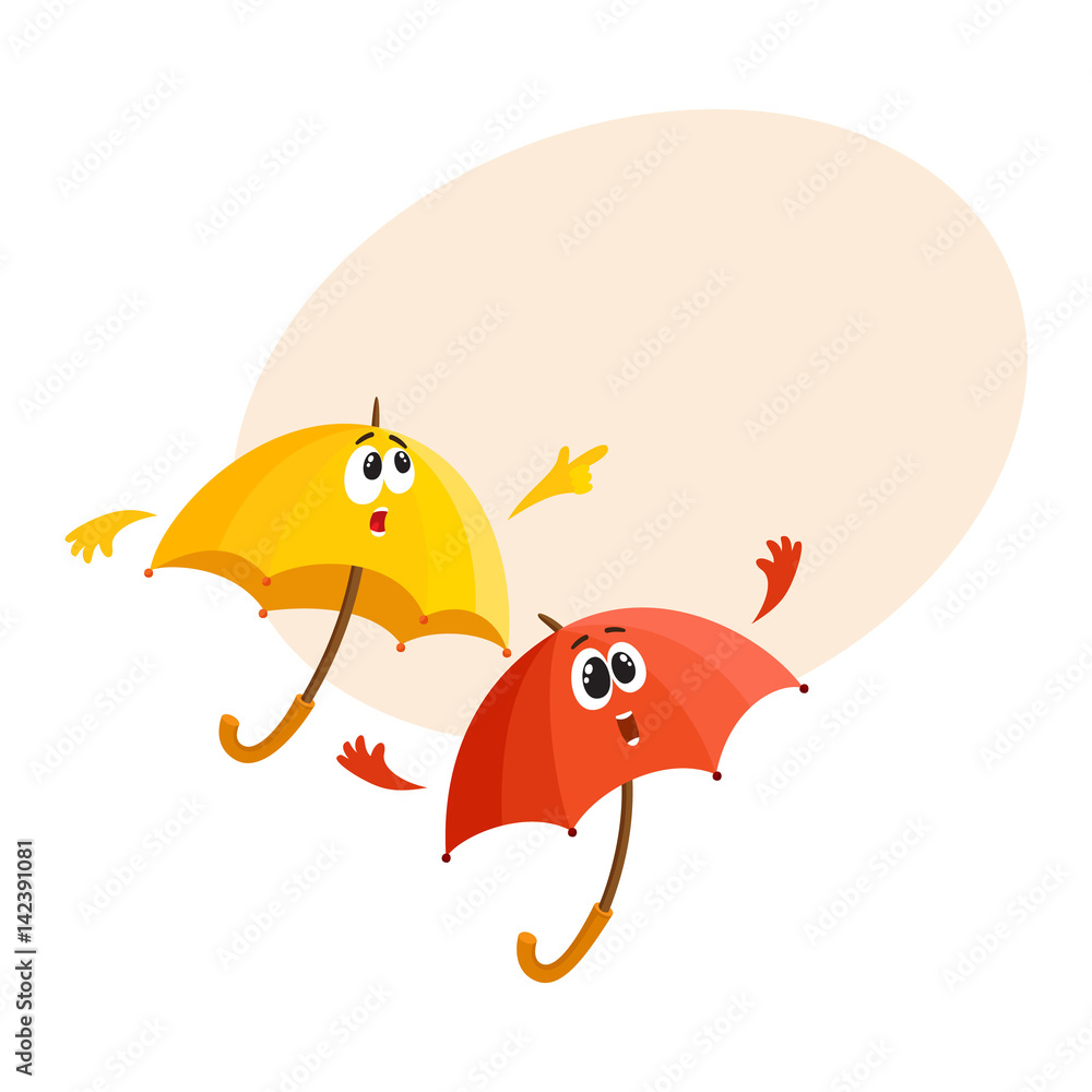 Two funny umbrella characters with human faces pointing to something and fling arms up with surprise, cartoon vector illustration with place for text. Couple of umbrella, parasol characters Two funny umbrella characters with human faces pointing to something and fling arms up with surprise, cartoon vector illustration with place for text. Couple of umbrella, parasol characters