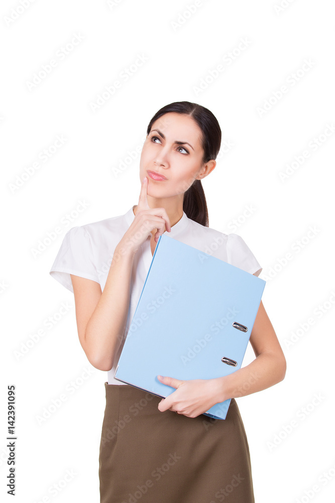 Beautiful business woman in formalware with documents thinking. Isolated Beautiful business woman in formalware with documents thinking. Isolated