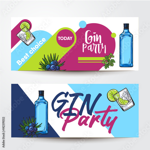 Banners with gin bottle, cocktail shot, lime, juniper and place for text, sketch vector illustration isolated on white background. Party banner, label design, decoration with gin bottle and shot