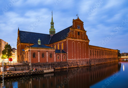 Night view of the Church of Holmen (Holmens Kirke) and Holmens Canal in central Copenhagen