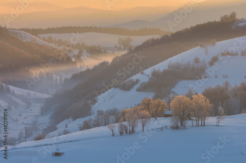 Beautiful winter mountain landscape with snowflakes in frosty winter day. Carpathian wild mountains. Romania. Holbav. Bran. Brasov. Romania. Little noise. Colorful winter sky. © Constantin