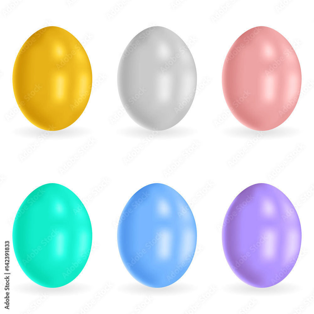 Easter eggs 3d icons. Six different colors. Festive vector illustration for your design.