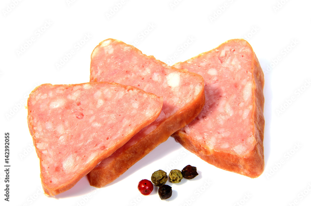 Salami smoked sausage slices isolated on white background cutout Salami smoked sausage slices isolated on white background cutout